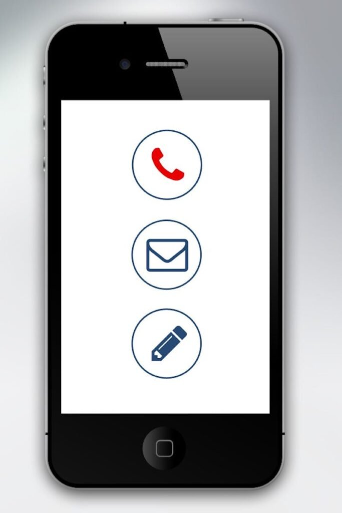 Smartphone showing communication icons for call, email, and messaging on screen.
